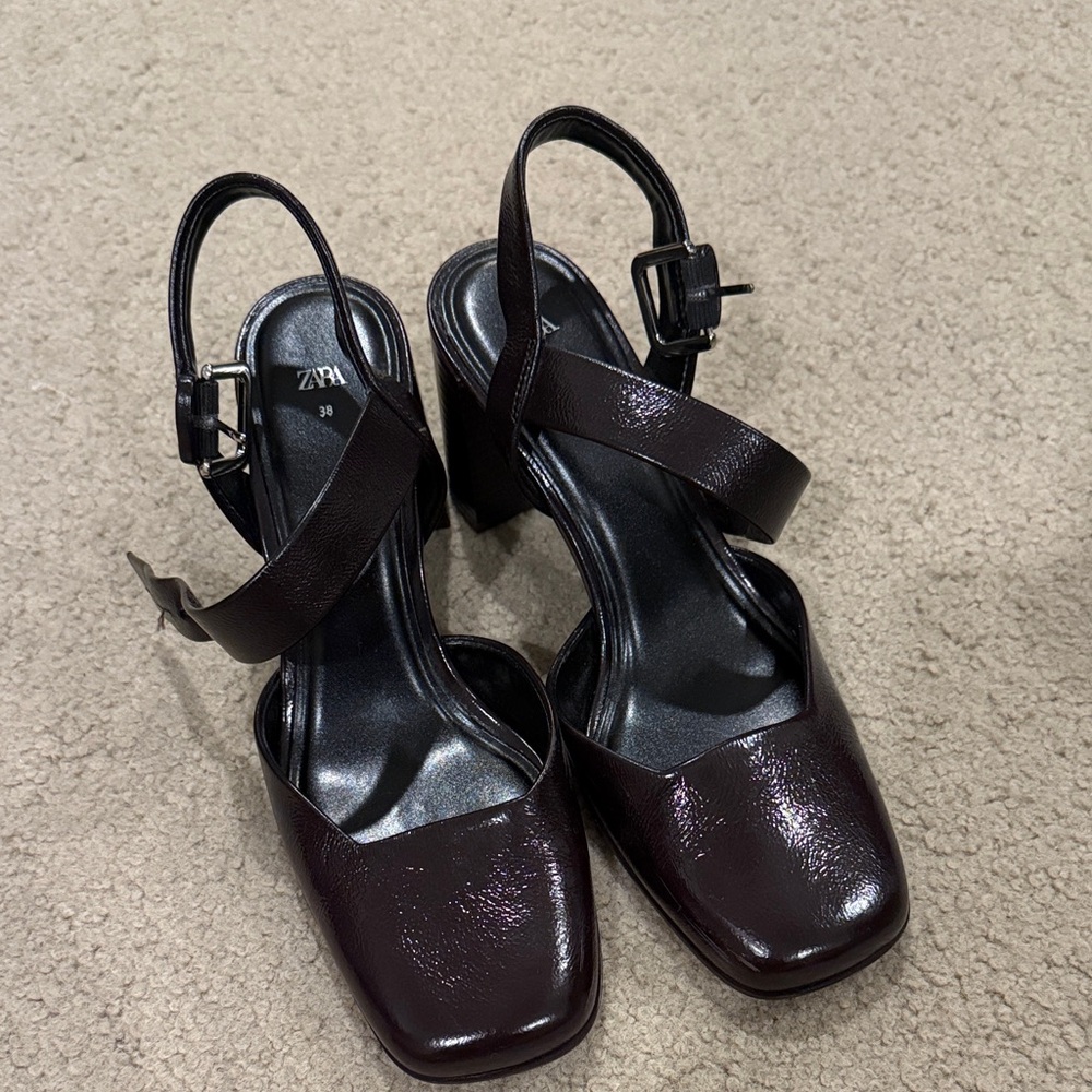 Zara Women's Deep Brown Block Heel Sandals - Size 38